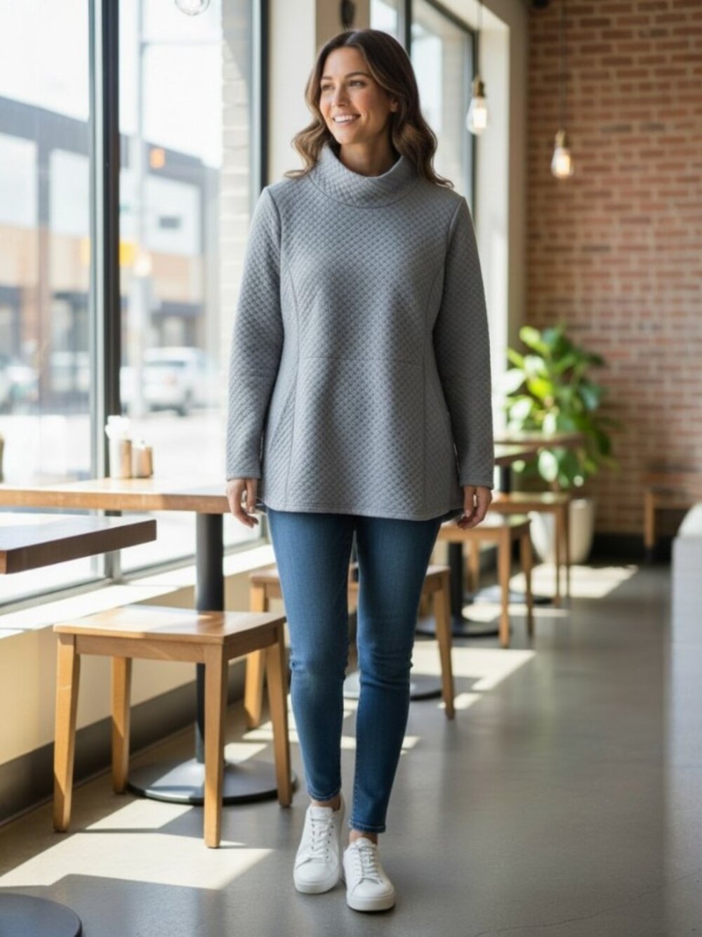 Light Blue Stoic Quilted Cowl Neck Pullover Sweatshirt